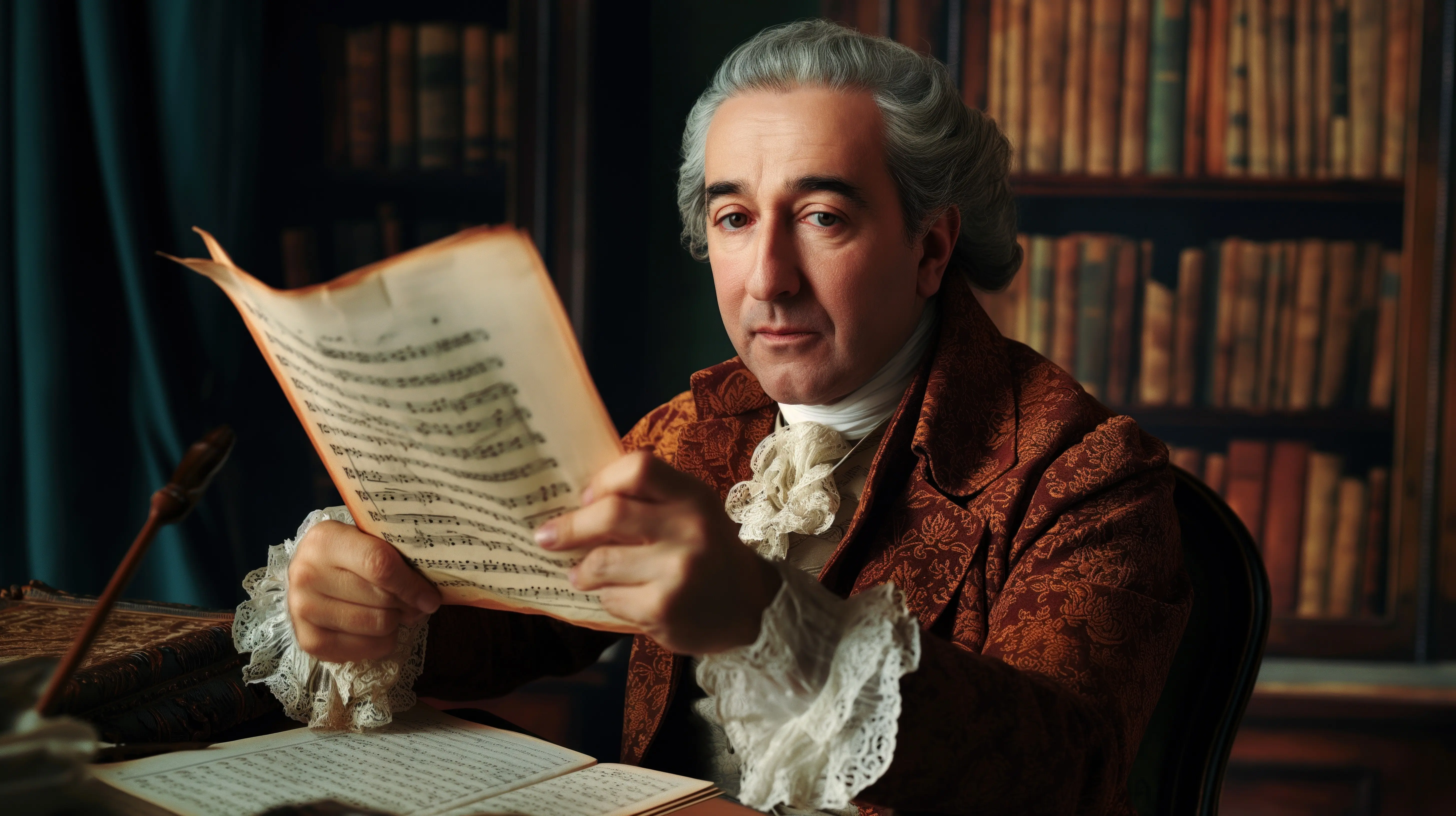 Würdevolles Porträt eines Komponisten des 18. Jahrhunderts mit Federkiel und Notenblättern, das die Kreativität und Brillanz des goldenen Zeitalters der klassischen Musik einfängt.