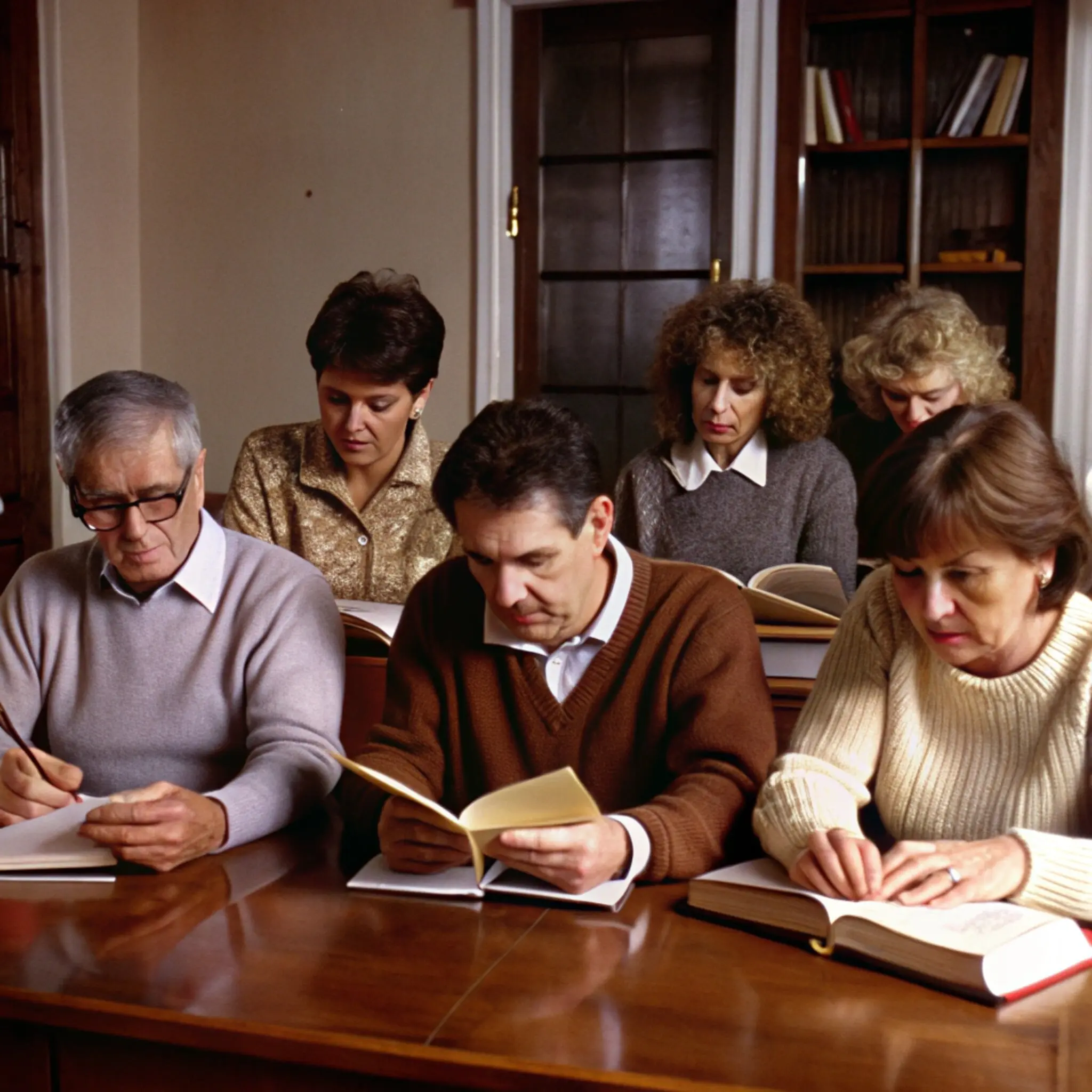 Eine Gruppe von Menschen sitzt an einem Tisch mit Büchern.