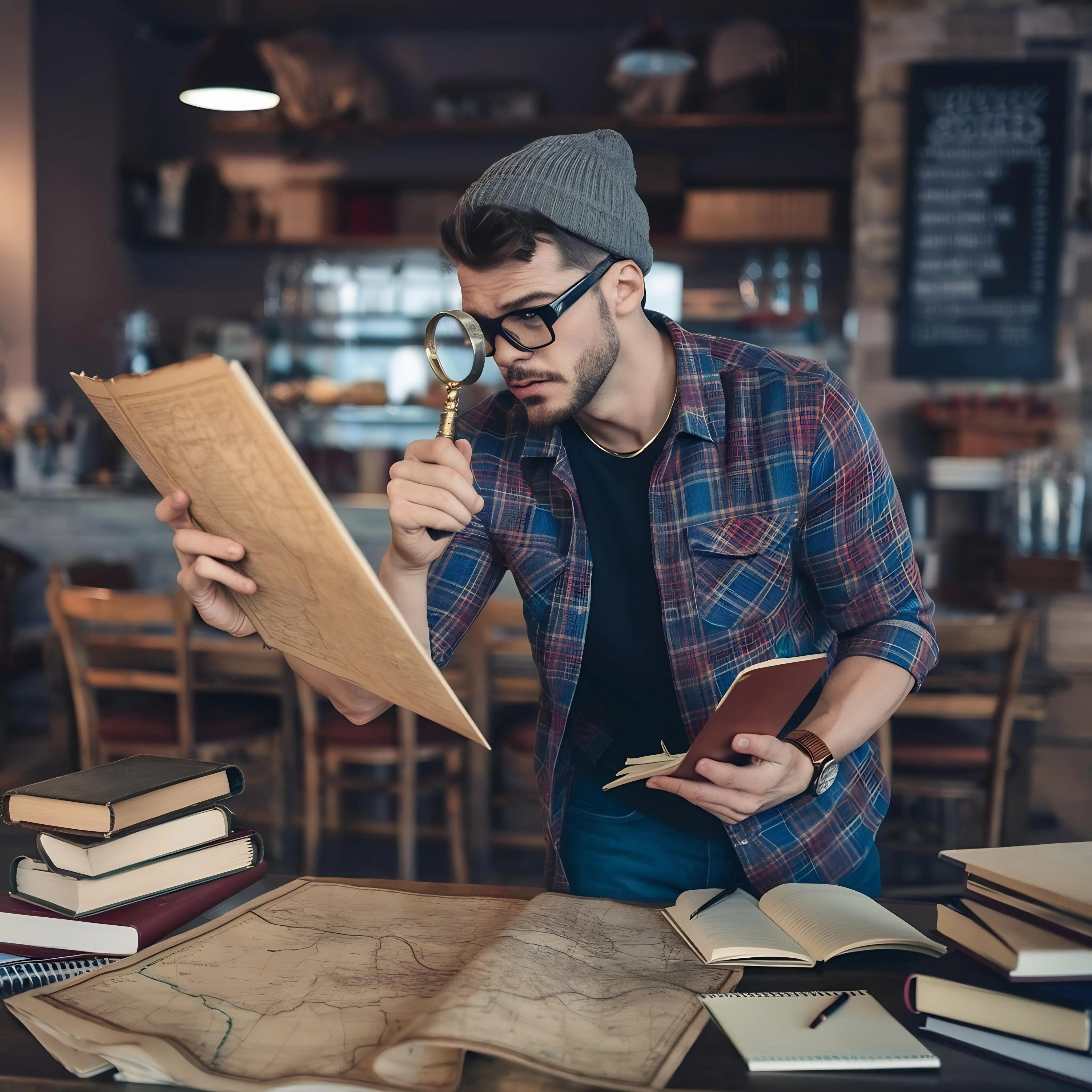 Hipster-Mann mit Karte und Lupe