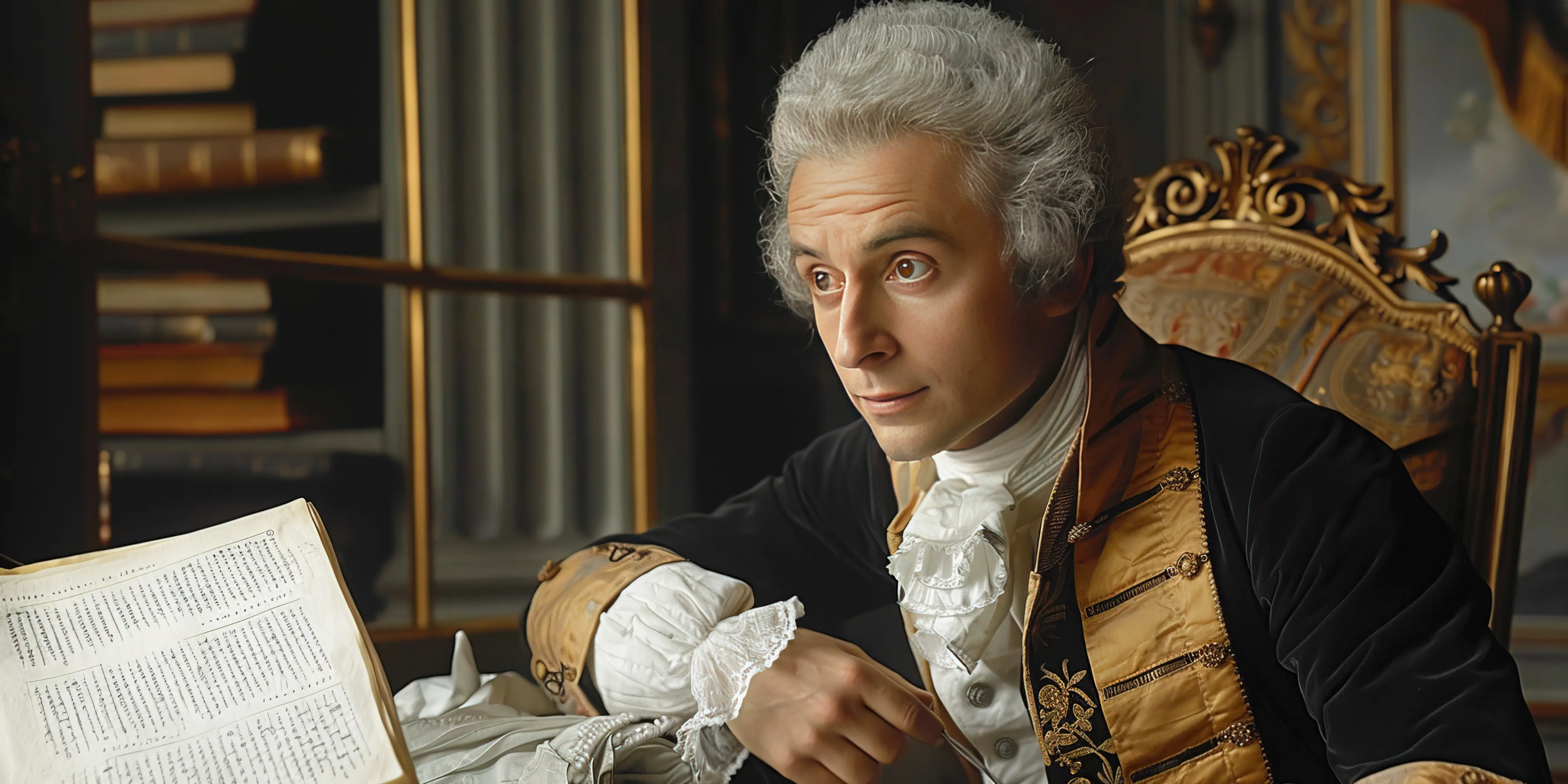 Antoine-Laurent Lavoisier, französischer Chemiker, Wissenschaftler und Astronom, trägt eine weiße Perücke und sitzt in einem Büro auf einem Stuhl.