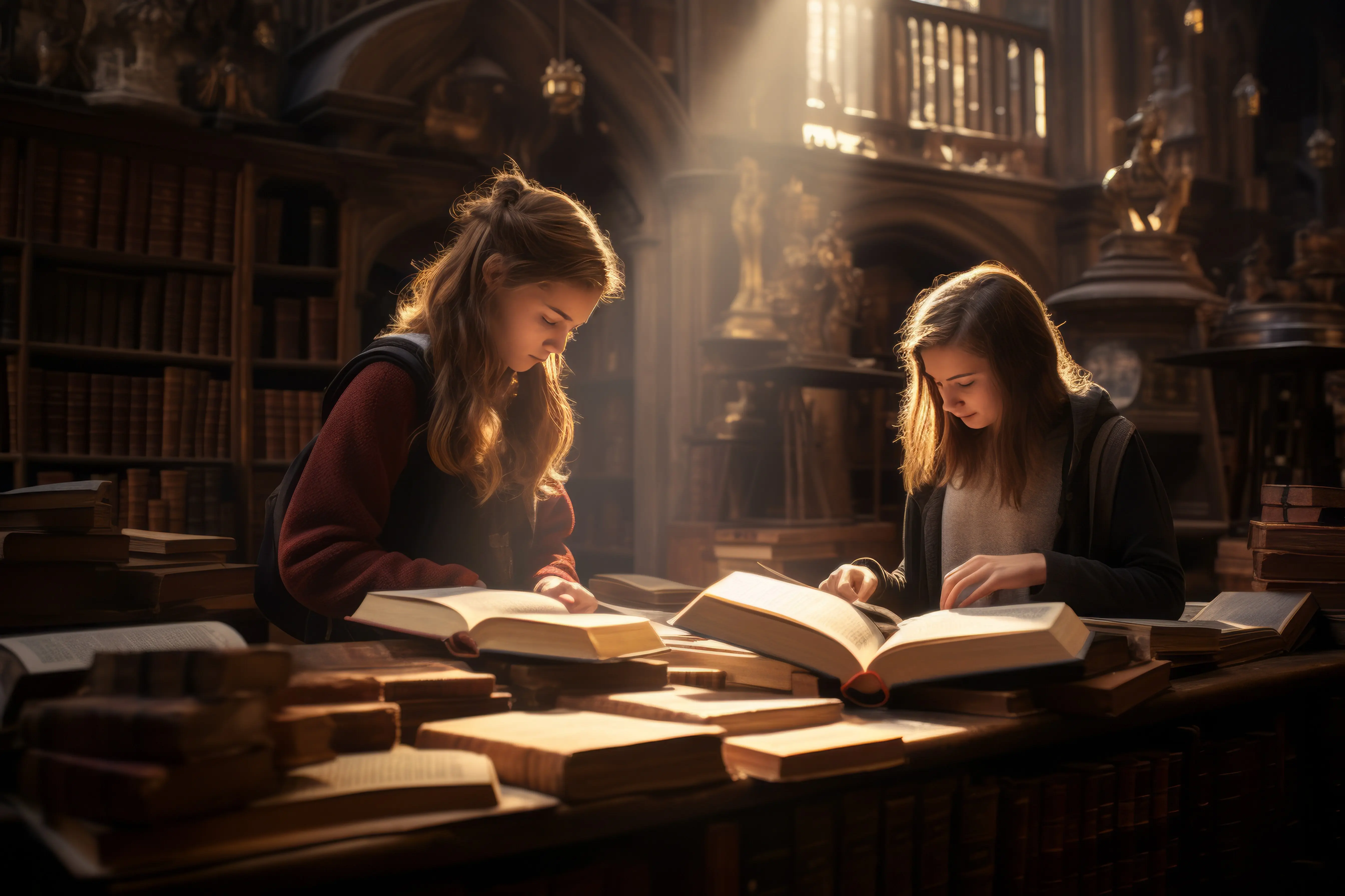 Wissen erkunden: Junge Studierende, in Bücher vertieft, in der College-Bibliothek.