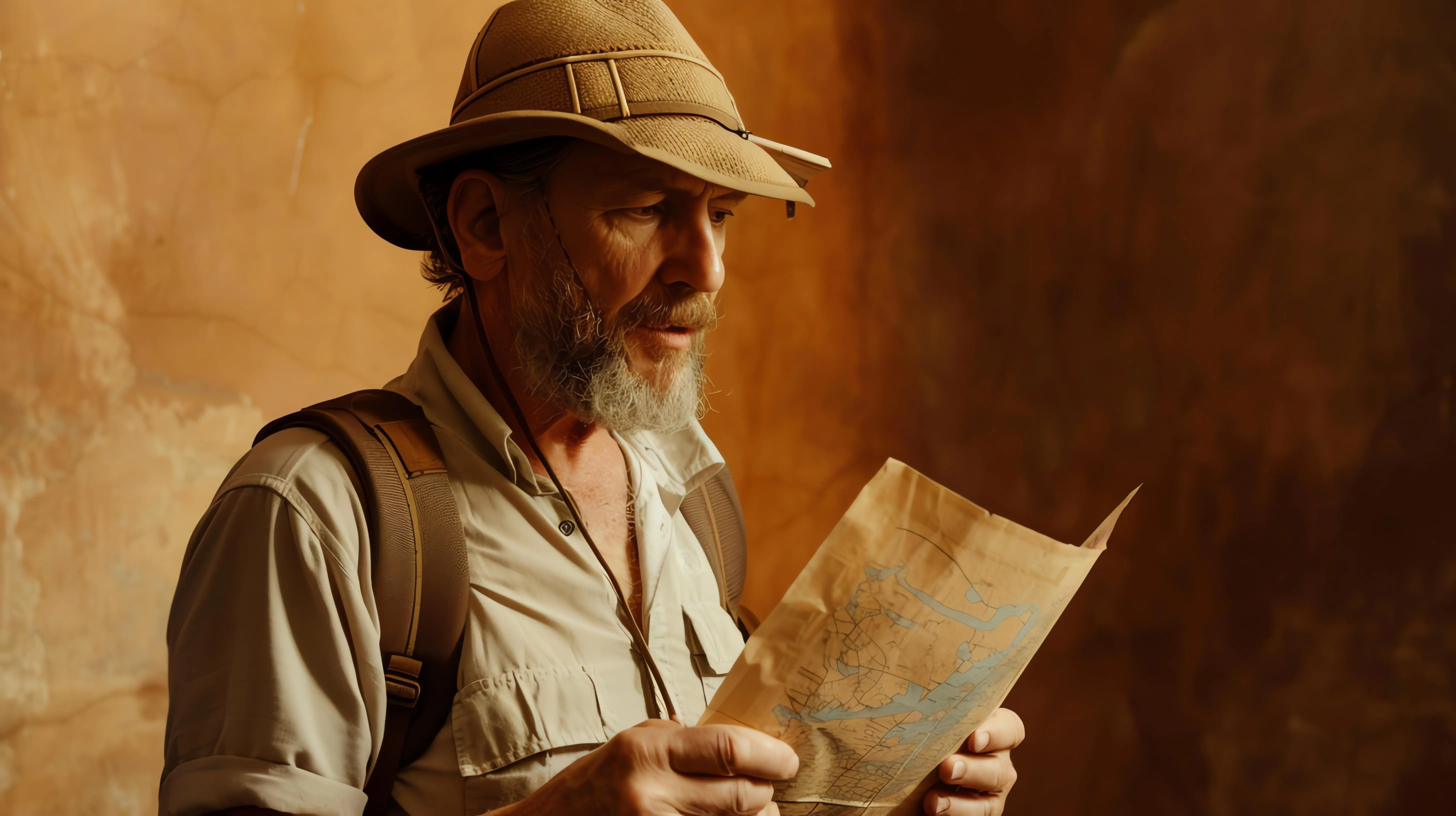 Ein Abenteurer mit Tropenhelm studiert eine Karte in einem schwach beleuchteten Raum. Er trägt ein khakifarbenes Hemd und einen braunen Rucksack.