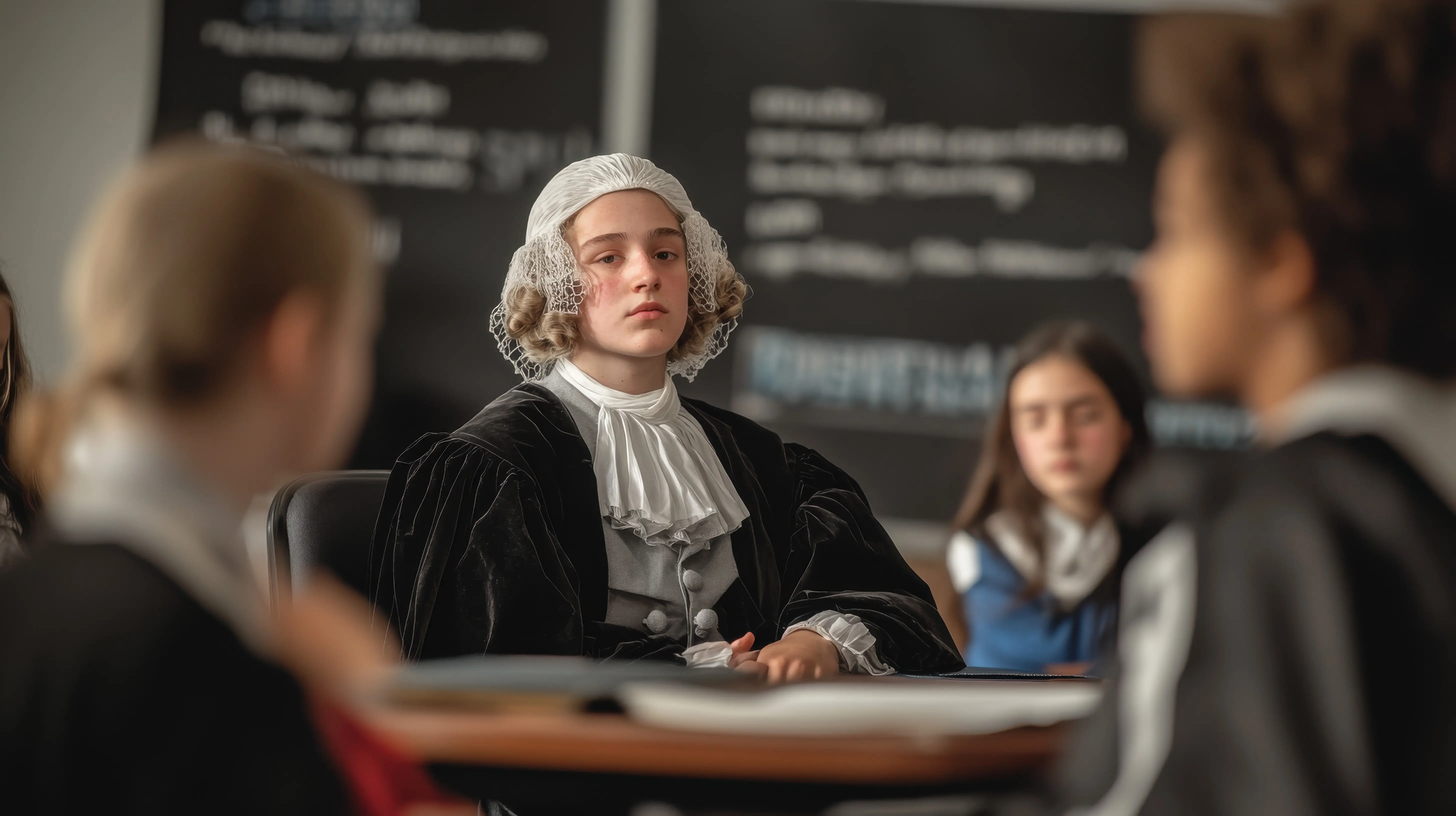 Eine Szene aus dem Geschichtsunterricht, in der Schüler historische Persönlichkeiten verkörpern; mit Kostümen, Requisiten und einer detaillierten Kulisse stellen sie bedeutende Ereignisse und Debatten nach, wobei die Immersion im Mittelpunkt steht.