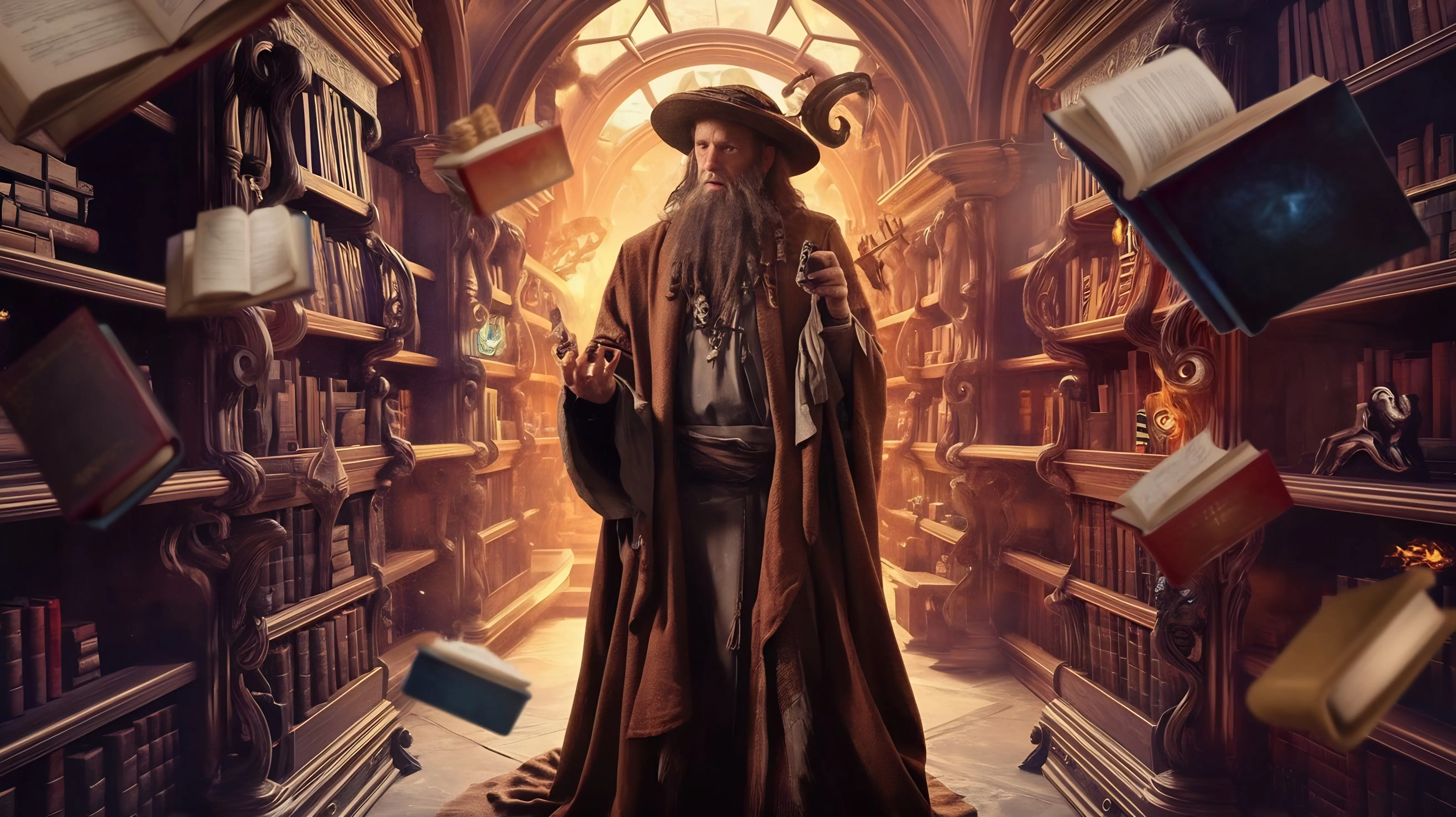 Ein männlicher Magier-Bibliothekar in einer fantastischen Bibliothek, umgeben von schwebenden Büchern und magischen Artefakten.
